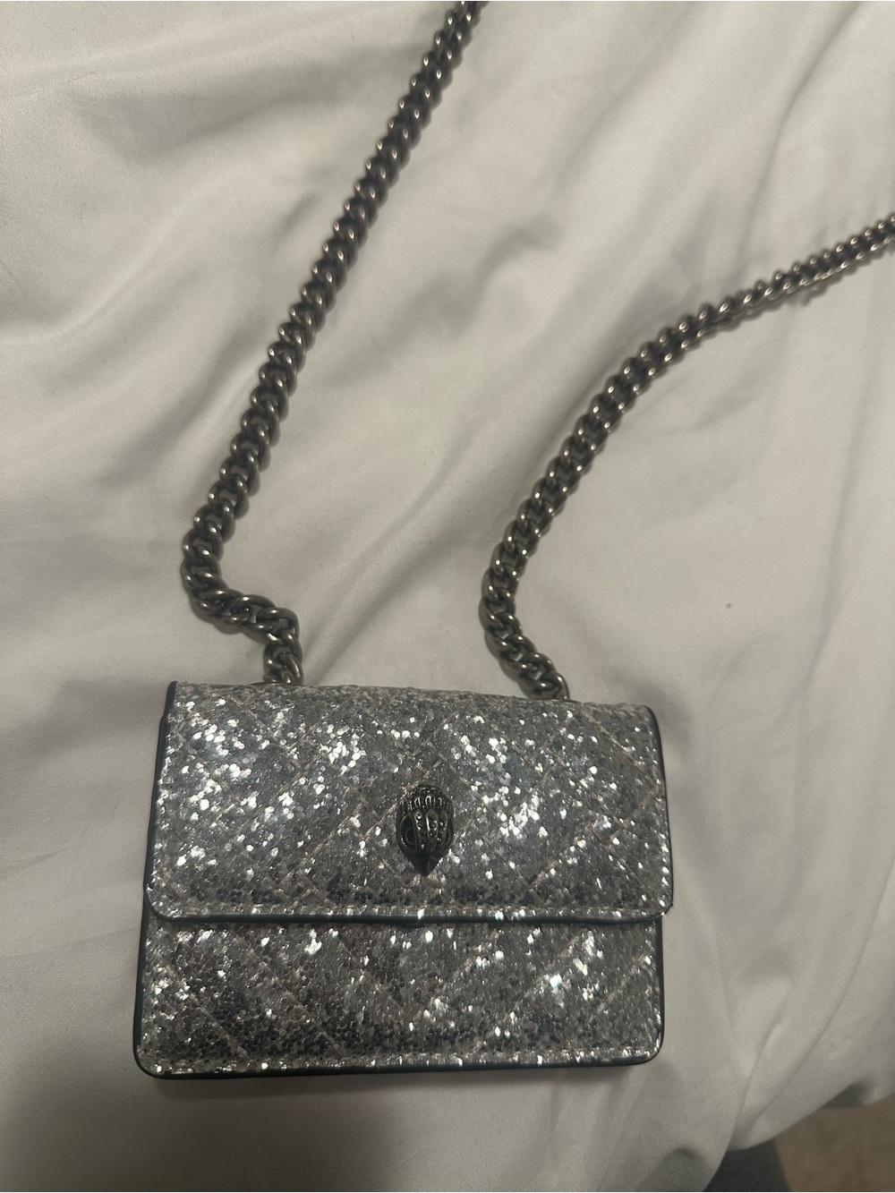 Kurt Geiger Silver Glitter Quilted Crossbody with Chain